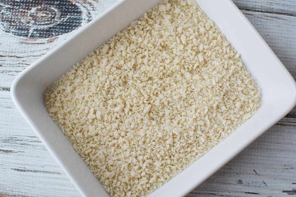 Bread crumbs in dish.