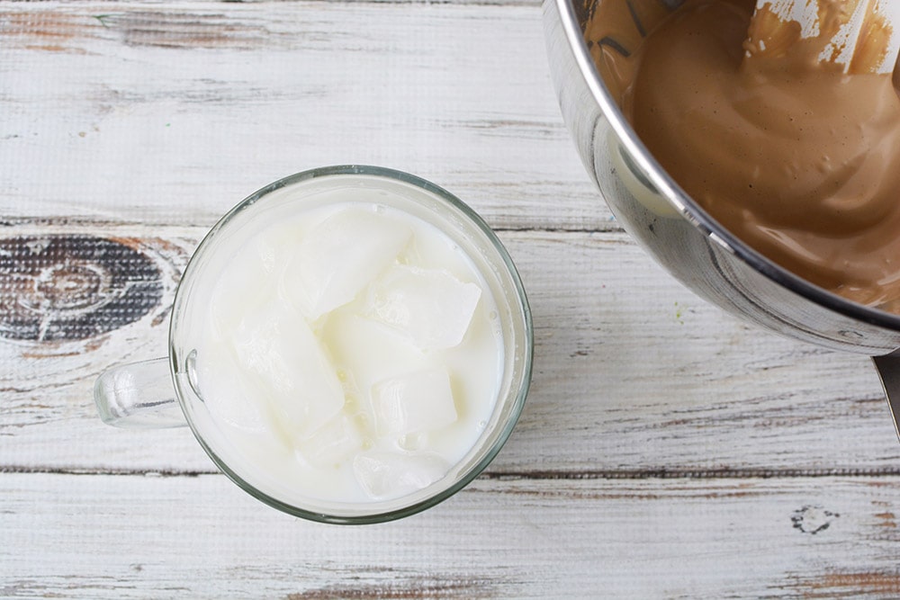 A mug with milk and ice.