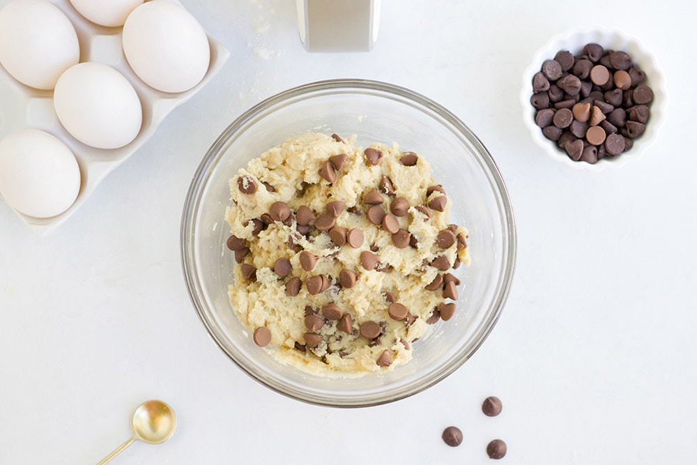Chocolate chips in cookie dough.