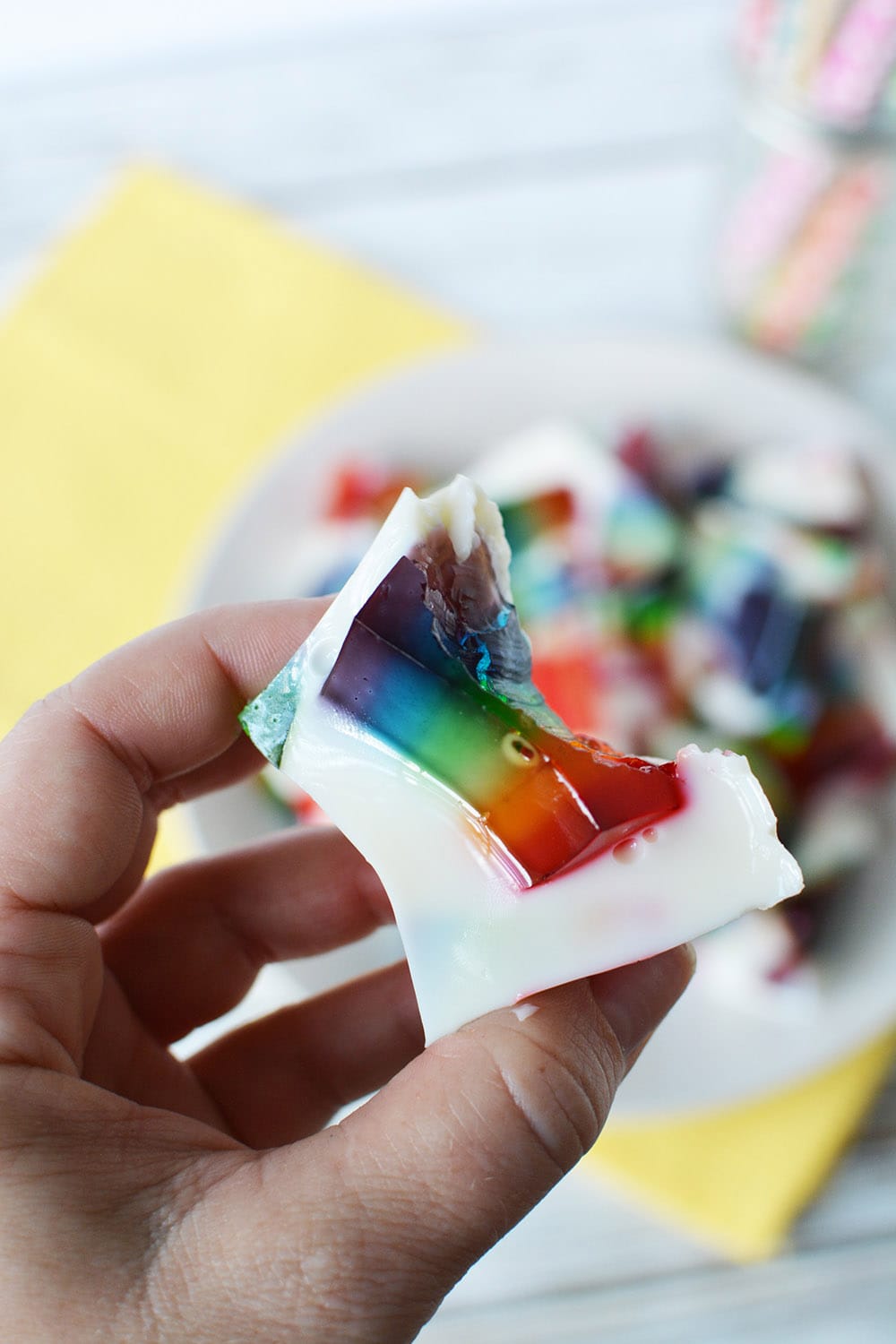 Bite out of a stained glass jello cube.