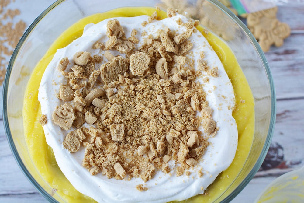 Cookie crumbles in a trifle bowl. 