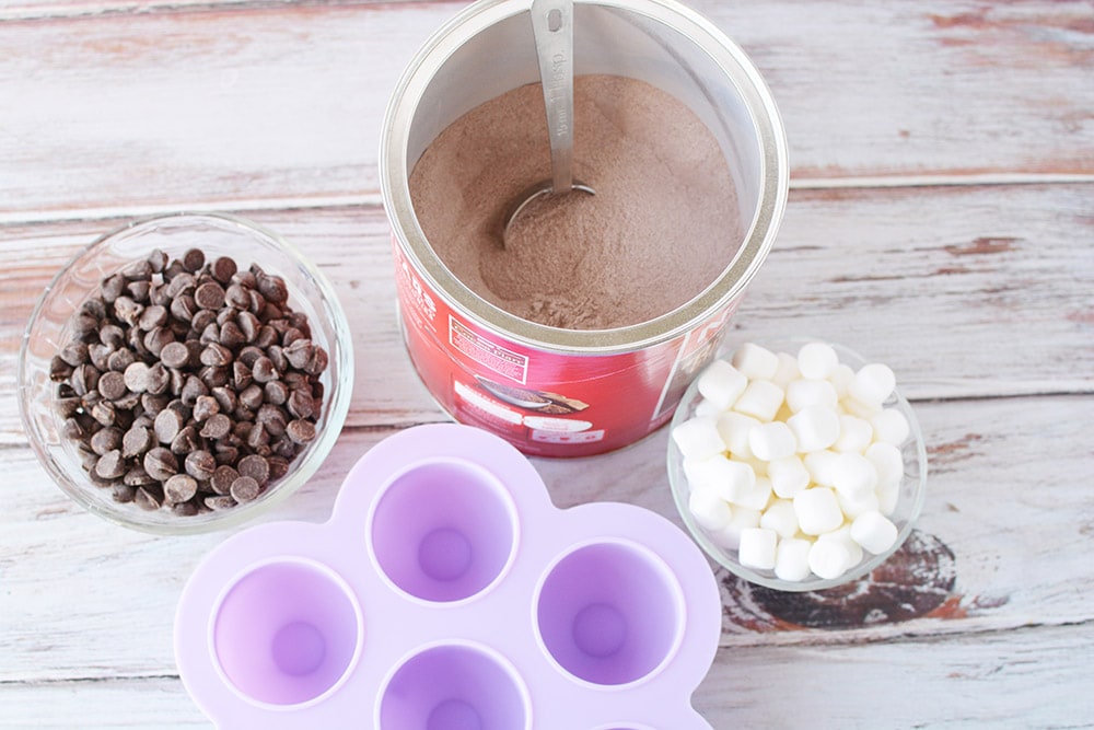 Hot cocoa, chocolate chips, marshmallows, and a silicone mold.