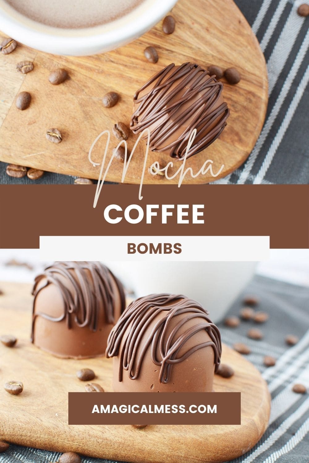 Coffee bombs sitting on a board with coffee beans and a white coffee mug.
