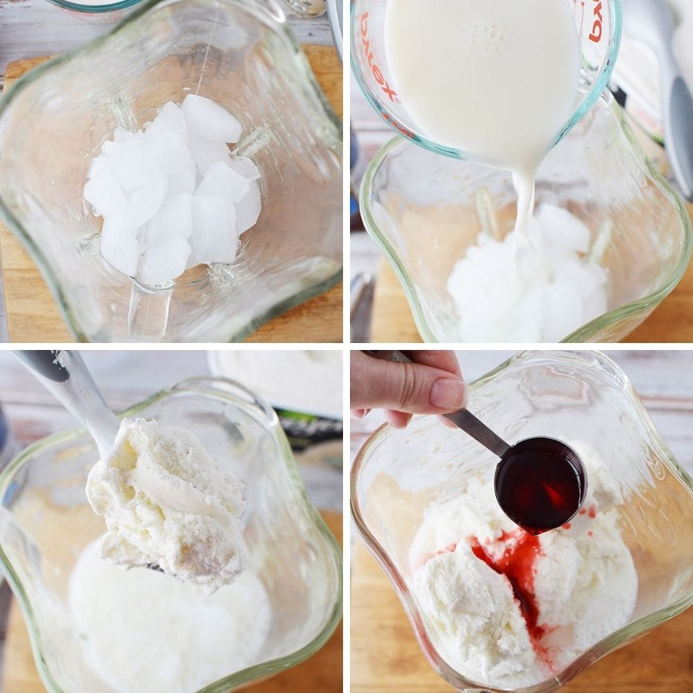 Ice in a blender and then other ingredients for a cotton candy frappuccino.