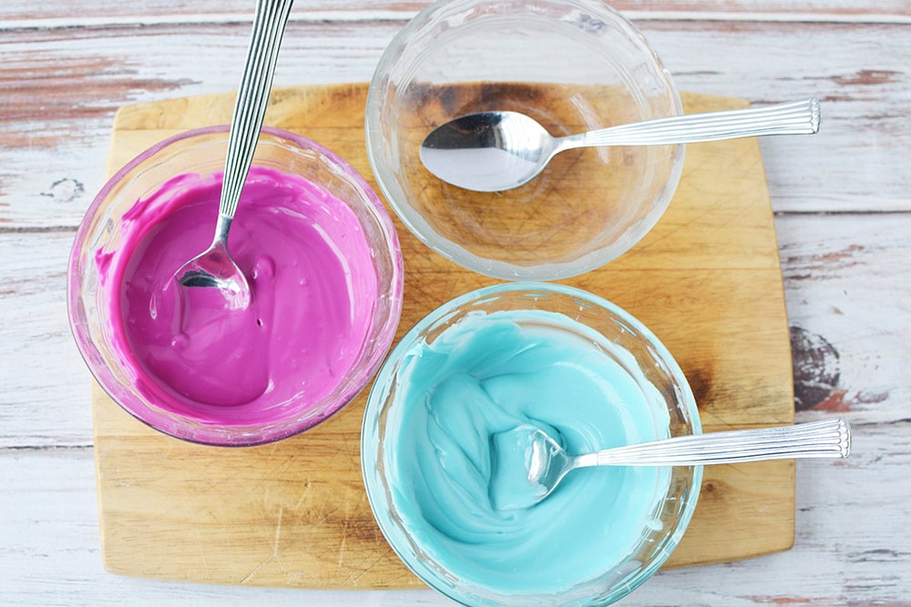 Three bowls of candy melts.