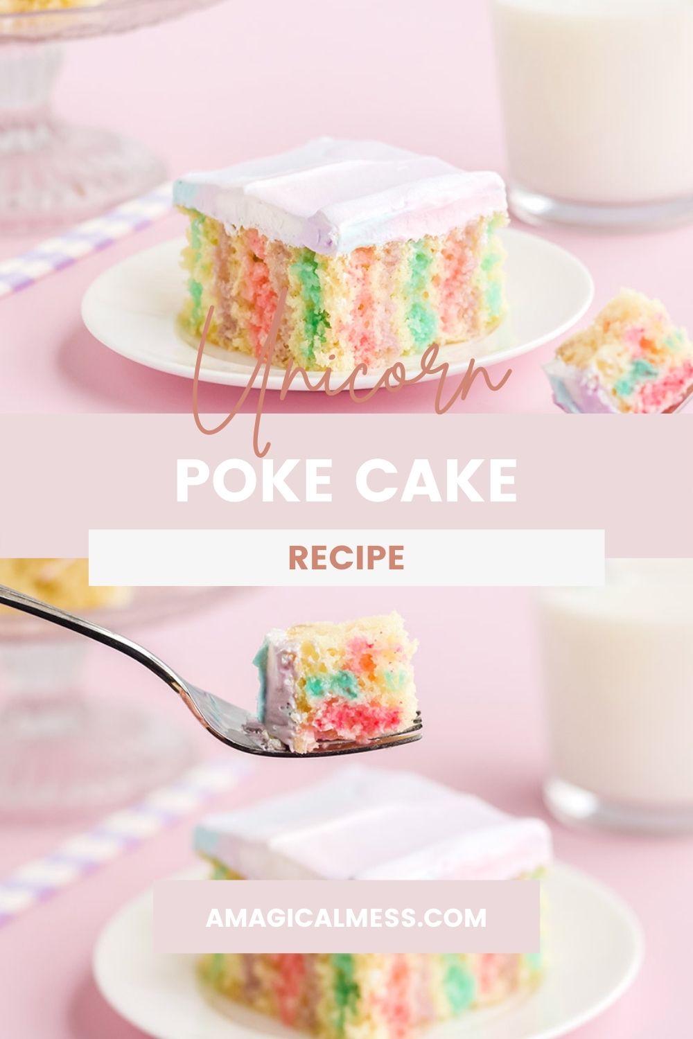 Rainbow striped cake on a plate.ย
