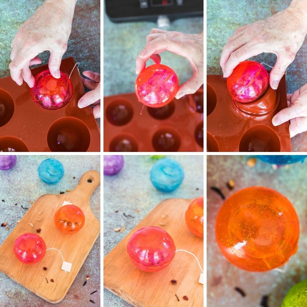 Taking hot tea orbs out of the mold.