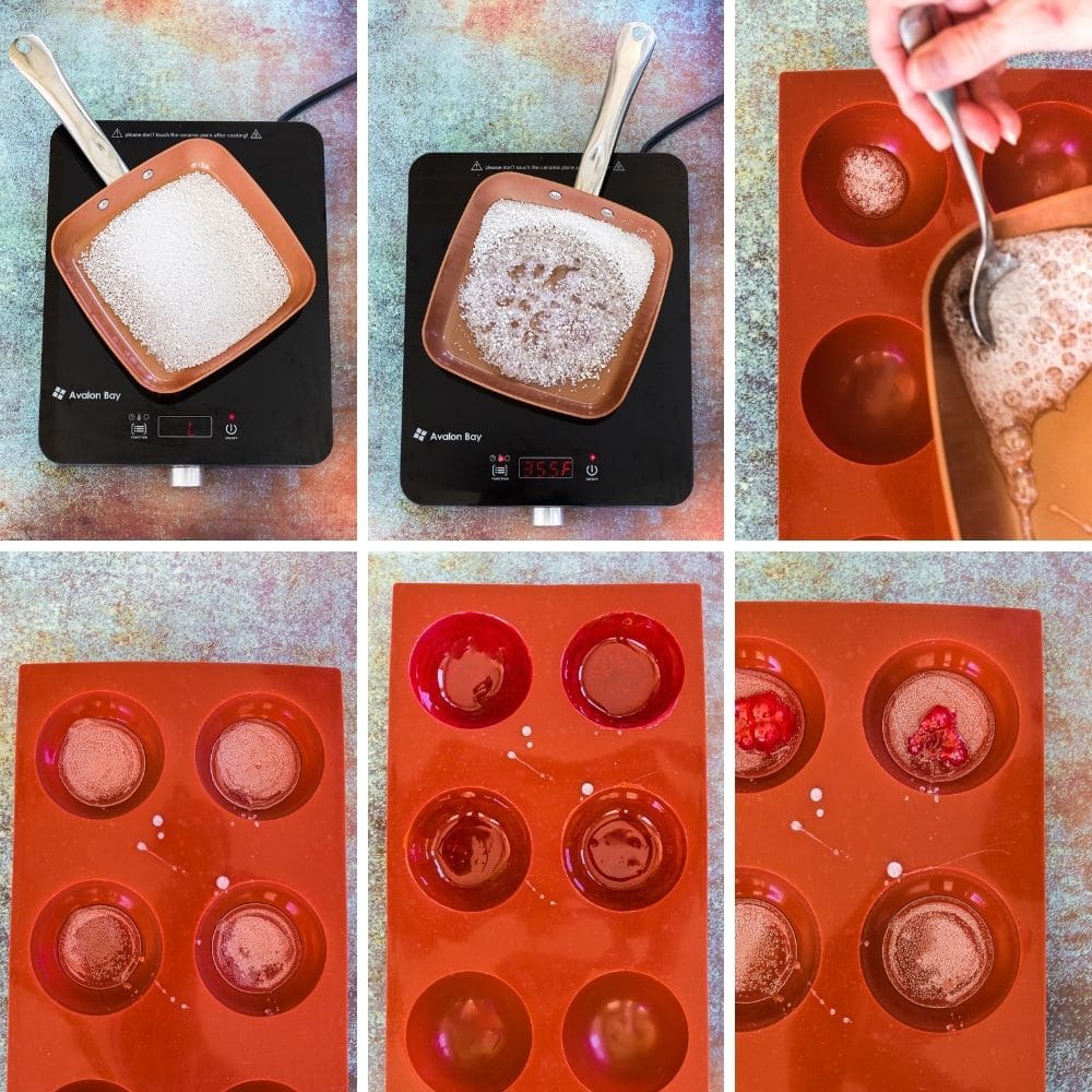 Melting isomalt and pouring it into a mold. 