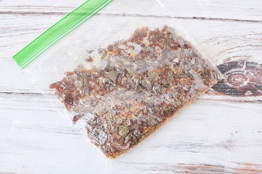 Pieces of sugar crunch in a sandwich bag.