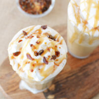 Top of caramel crunch drinks with crunch and whipped topping.