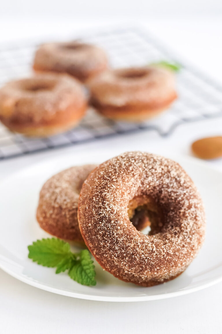 Two apple donuts on a plate with more on a rack in the background.