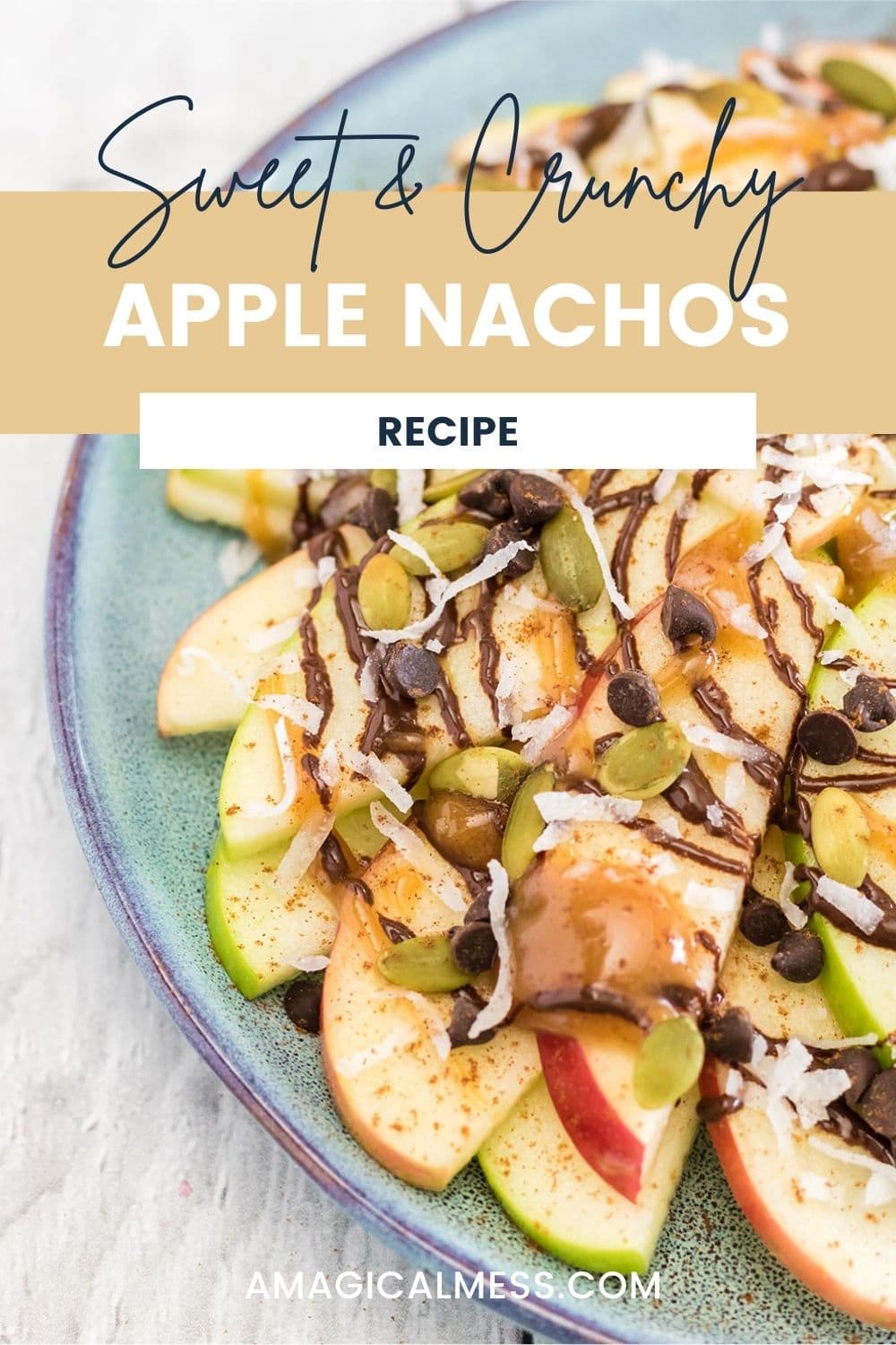 Apple nachos on a plate drizzled with caramel, chocolate, and other toppings.