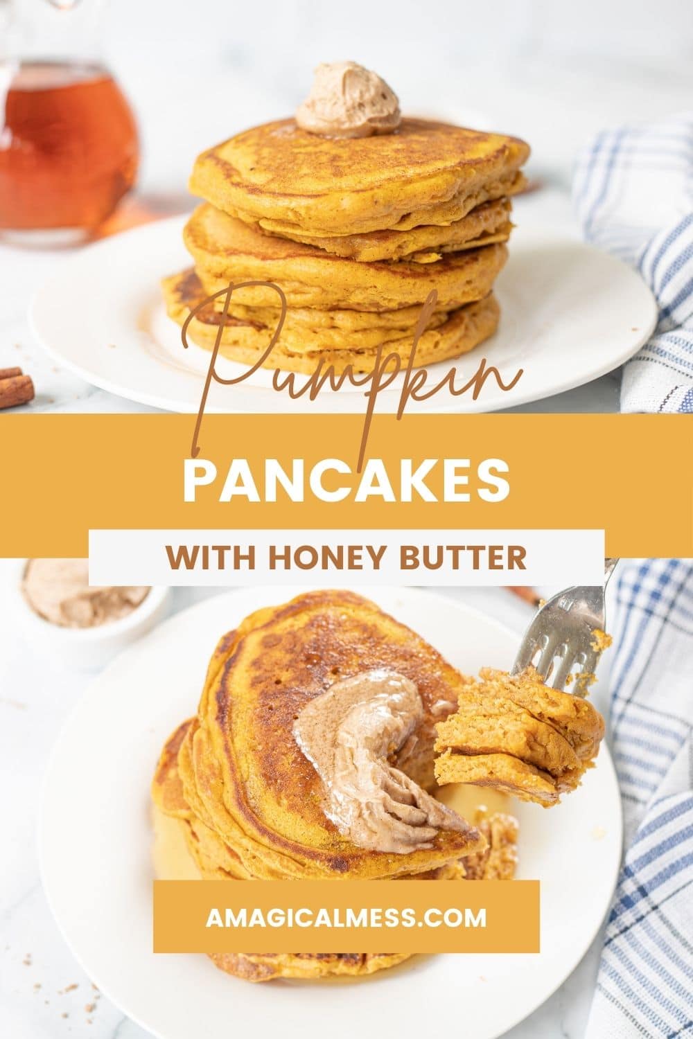Stack of pumpkin pancakes and a fork full of pancakes.