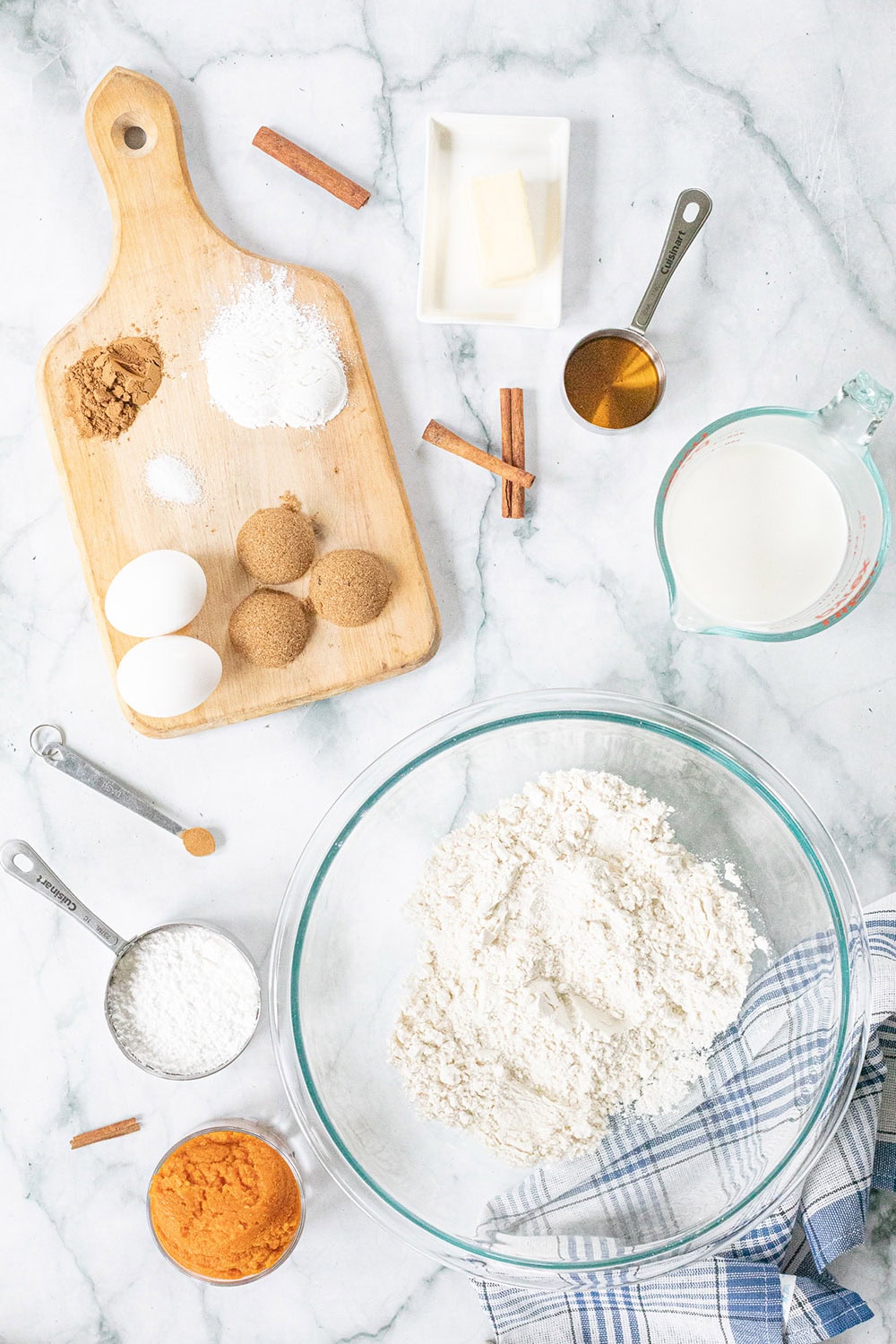 Overhead image of ingredients needed for pumpkin pancakes.