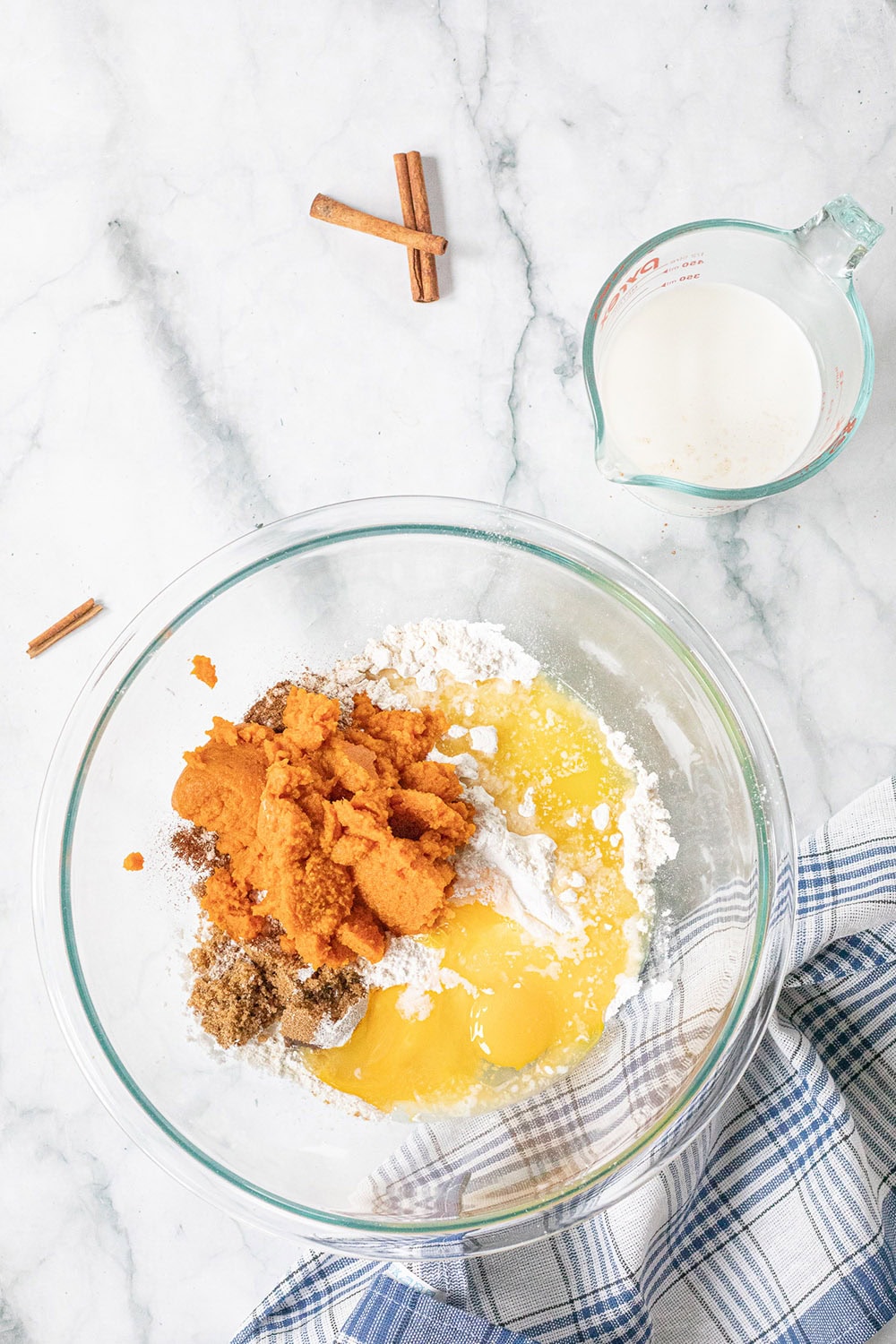 Ingredients for pancakes in a bowl.