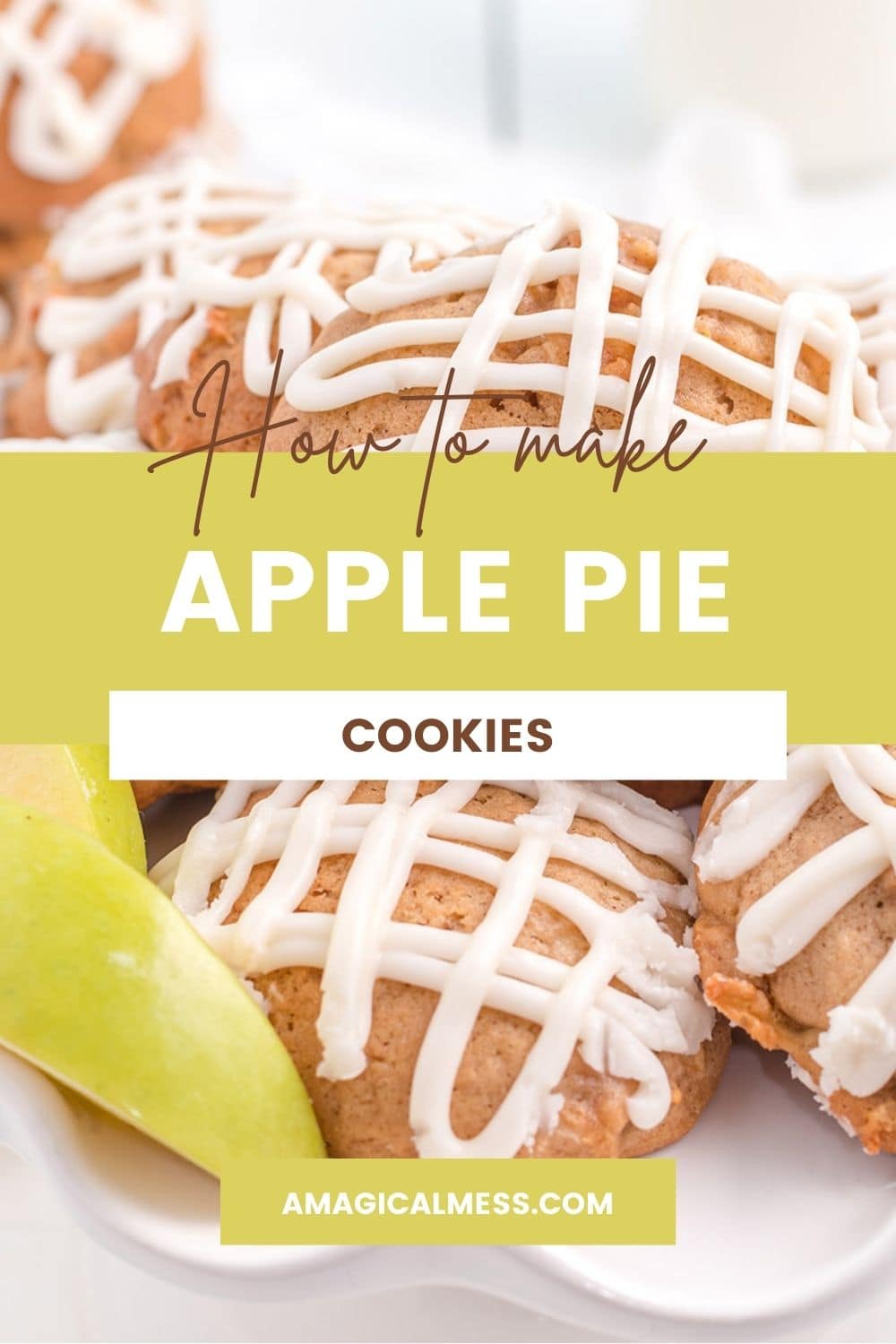 Apple cookies with glaze on a plate next to green apple slices.
