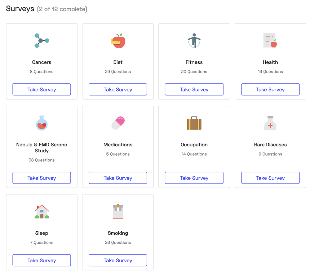 Surveys from the Nebula Genomics website.