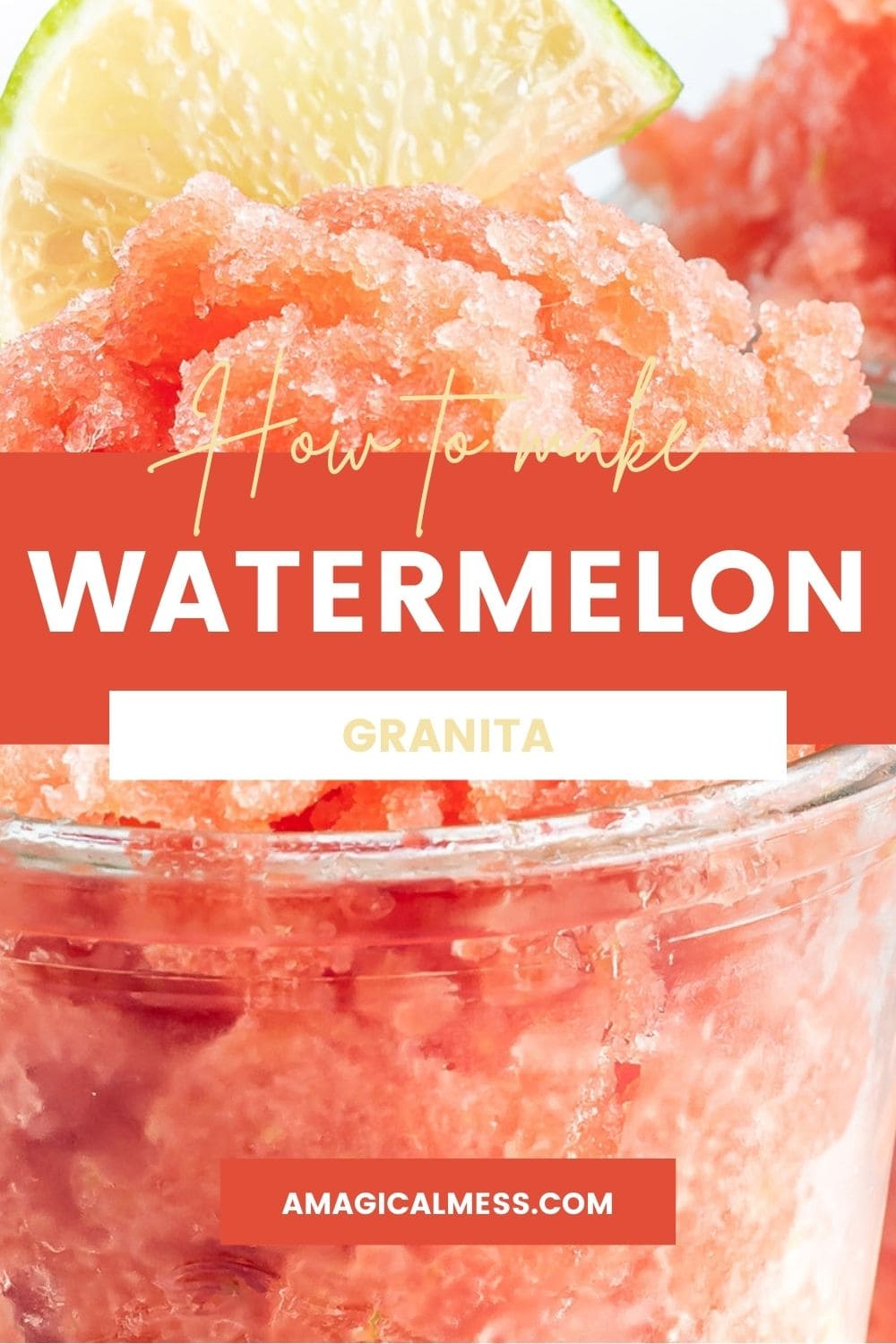 Closeup of watermelon granita topped with a lime in a cup.