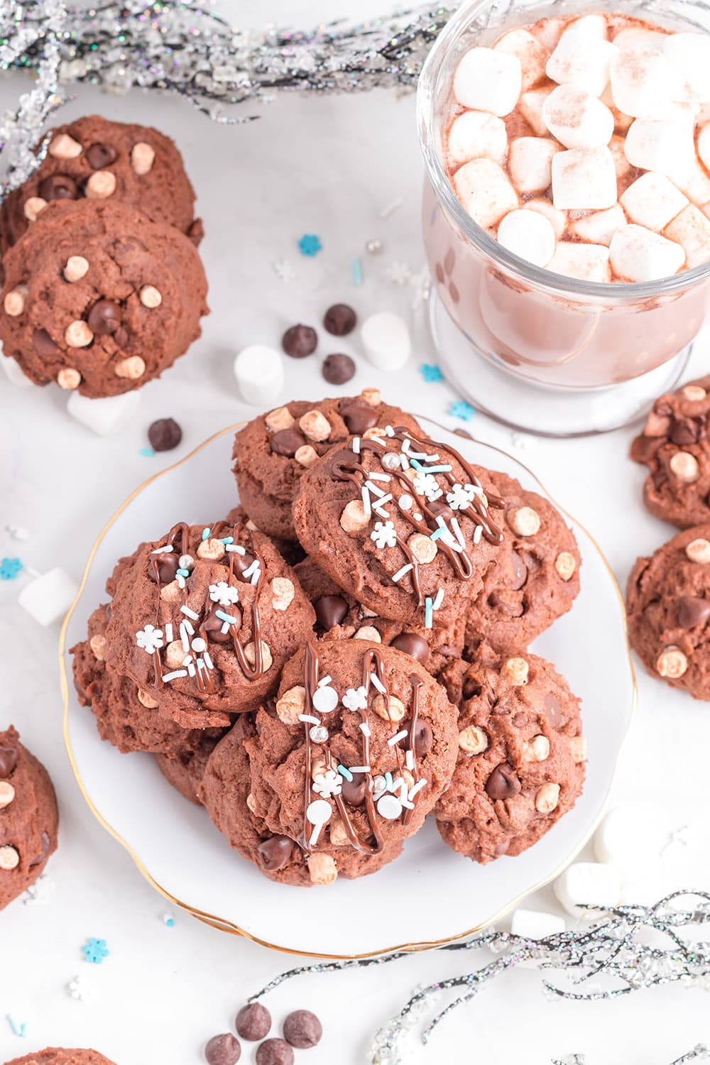 Cookies on a plate next to mug of hot cocoa.
