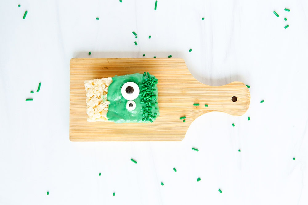 Candy eyes on a crispy rice treat.