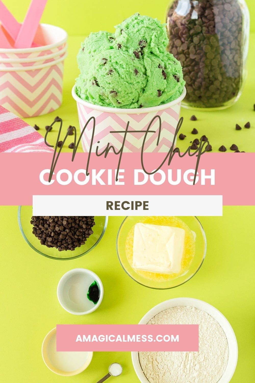 Pink cup with scoops of mint chip cookie dough. Ingredients to make it on the bottom.