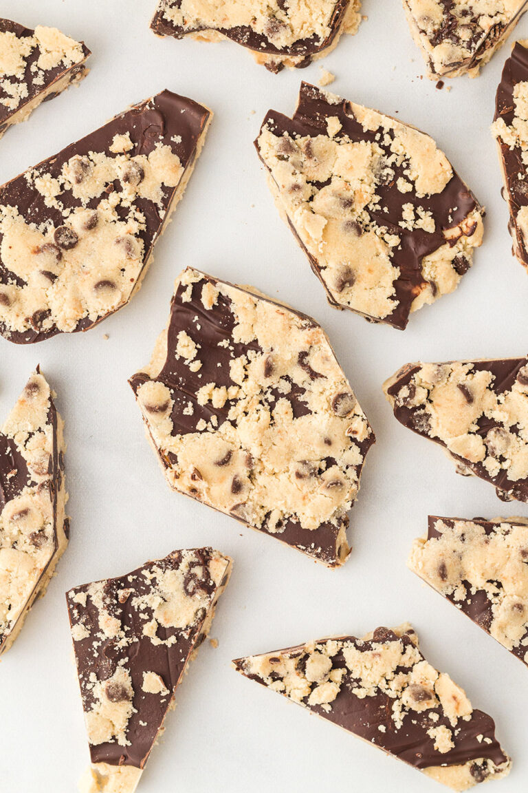 Flat lay of pieces of cookie dough bark candy.