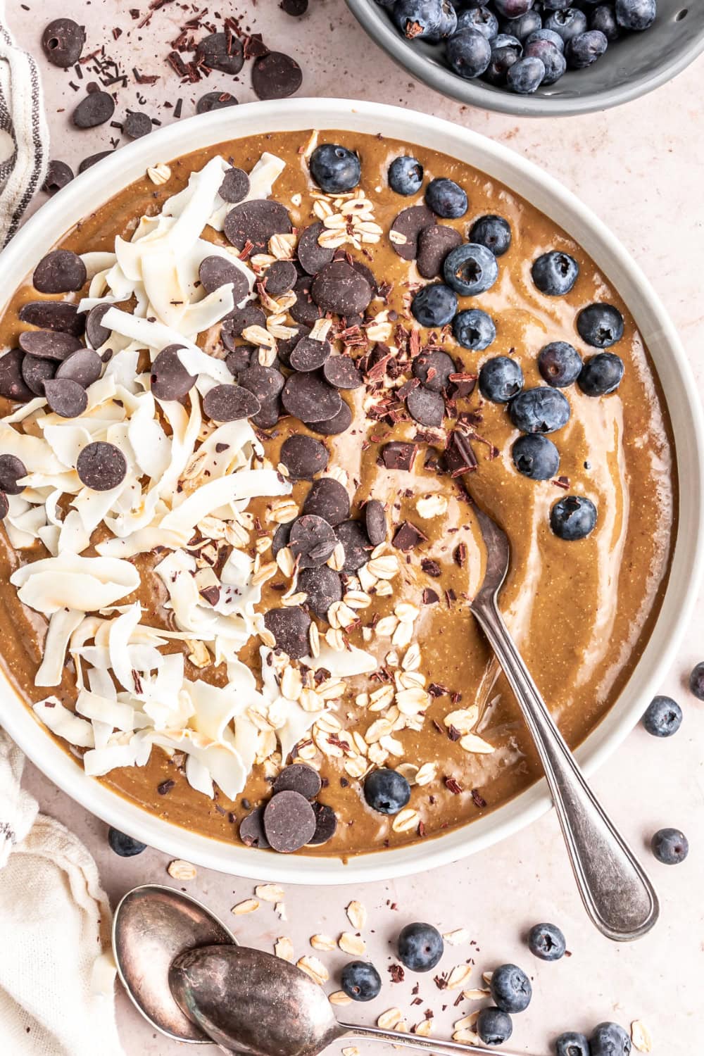 Smoothie bowl with blueberries, chocolate chips, and coconut shavings.