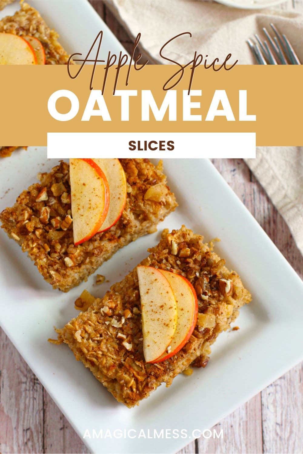 Sliced of apple baked oatmeal with apples on top.
