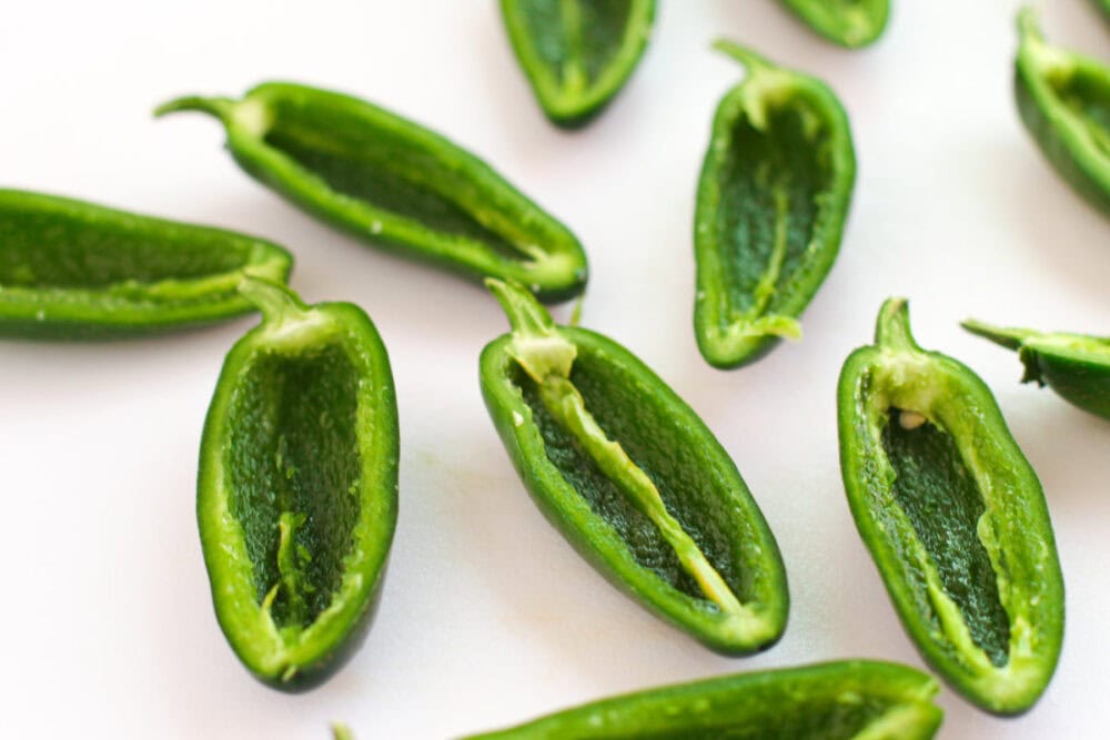 Jalepeno peppers sliced in halves. 