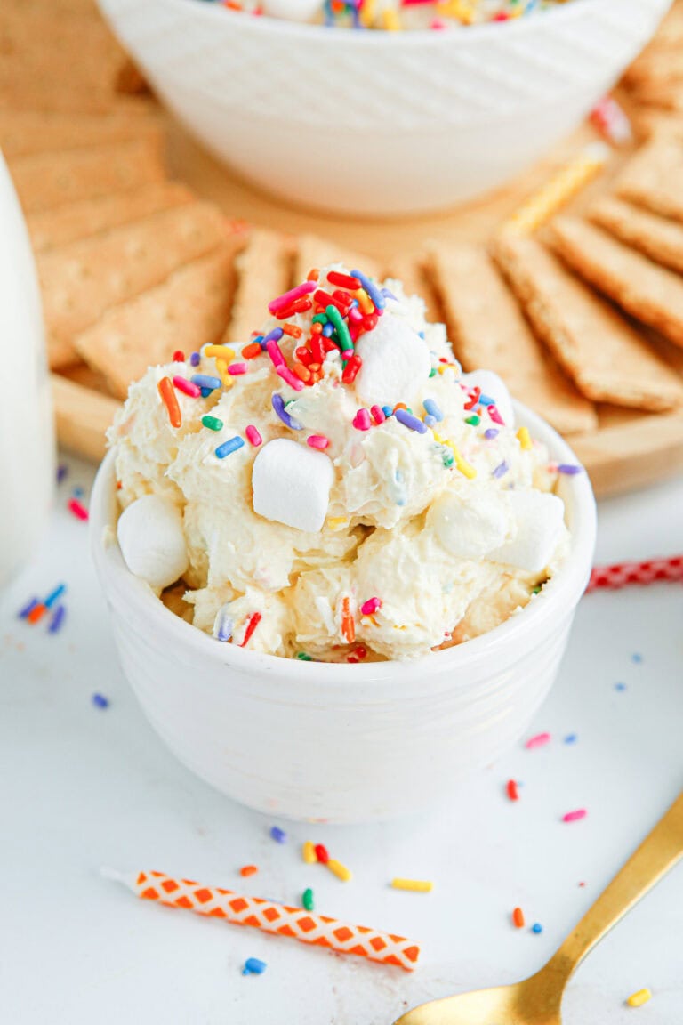 Little bowl of birthday cake fluff salad with sprinkles.