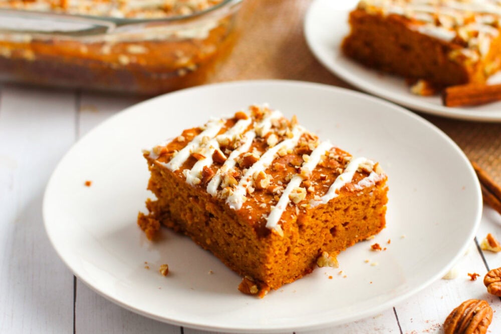 Pumpkin snack cake bar with white chocolate drizzle. 