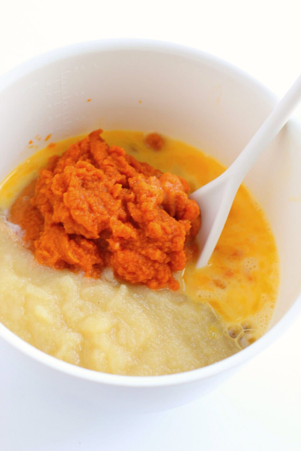 Pumpkin puree and eggs in a mixing bowl. 
