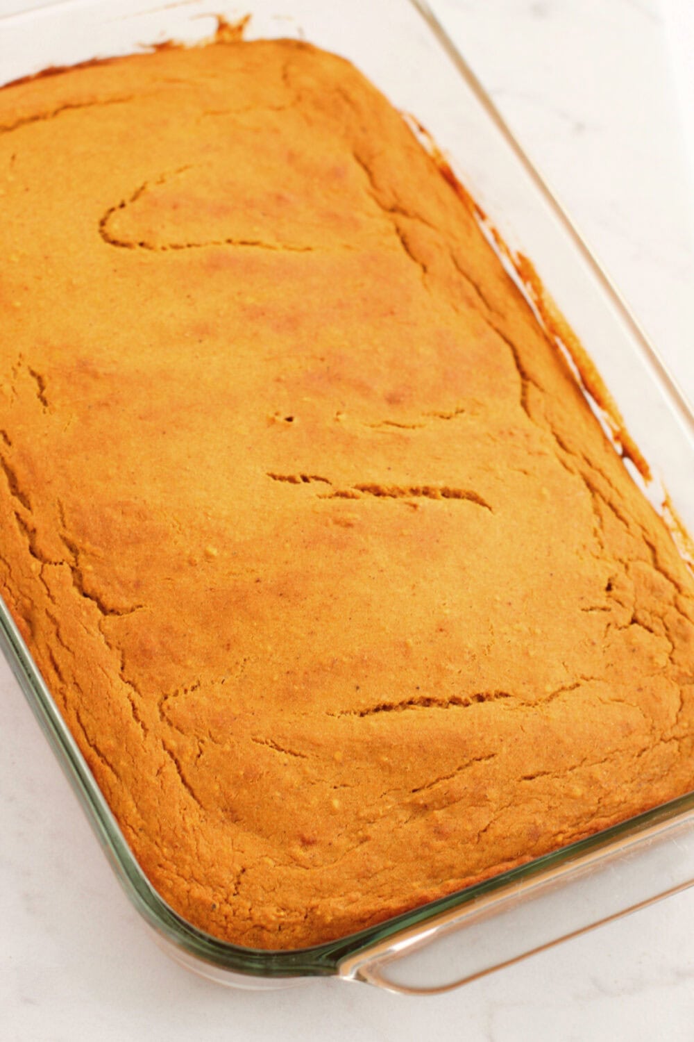 Baked pumpkin snack cake in a dish. 