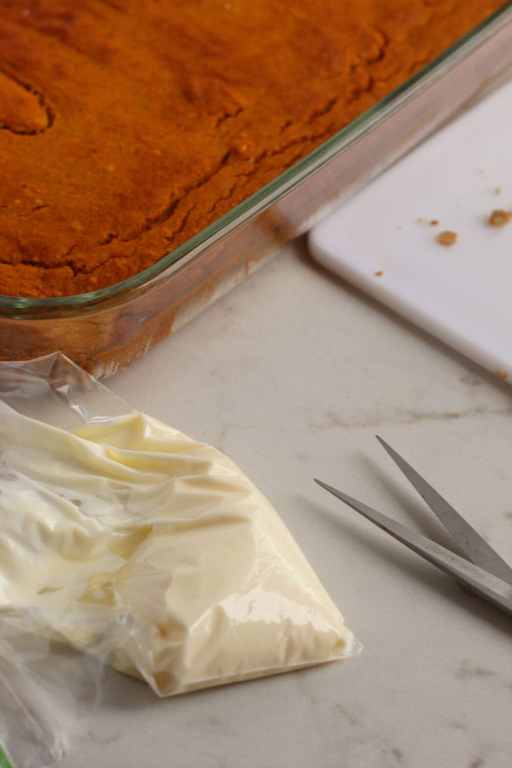 White chocolate topping in a bag. 