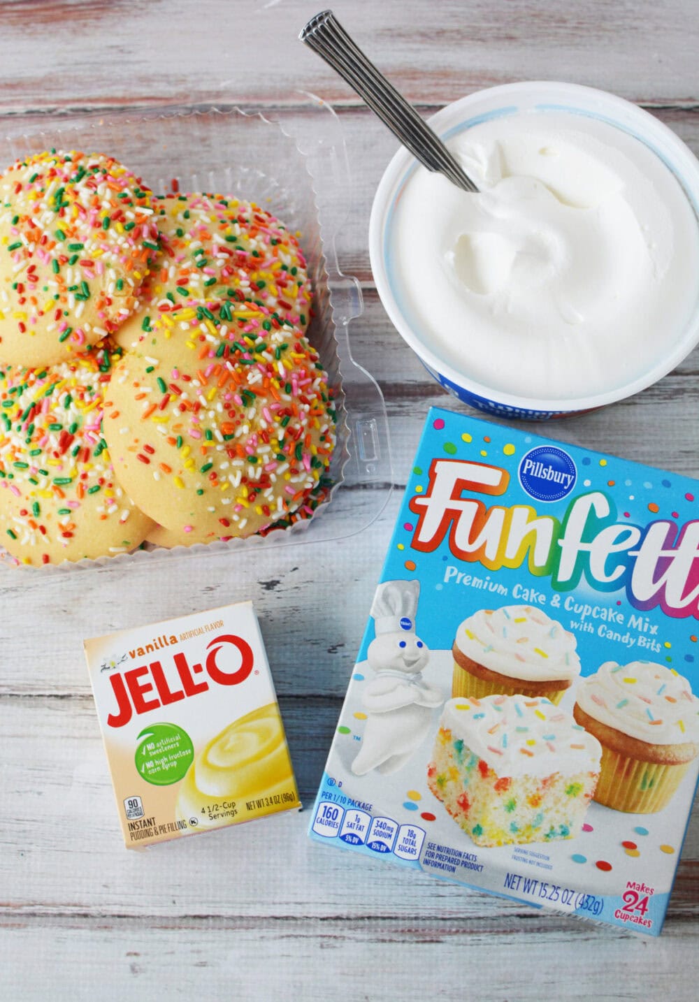 Cookies, whipped topping, pudding, and cake mix. 