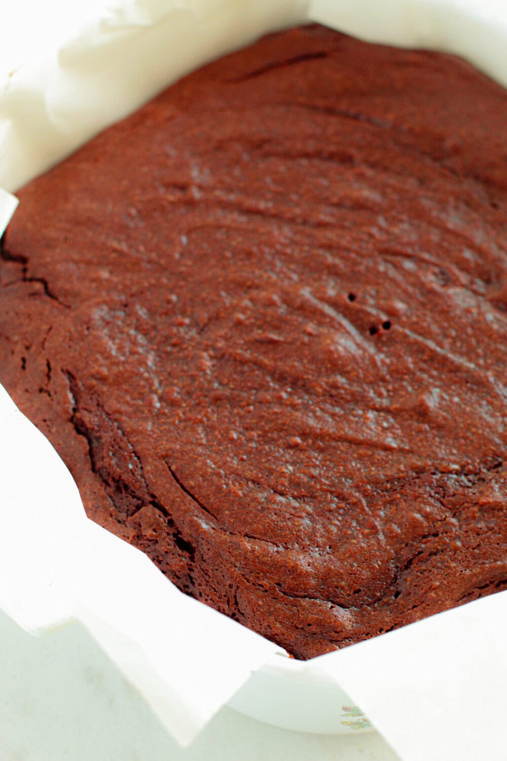 Baked brownies in a baking dish.