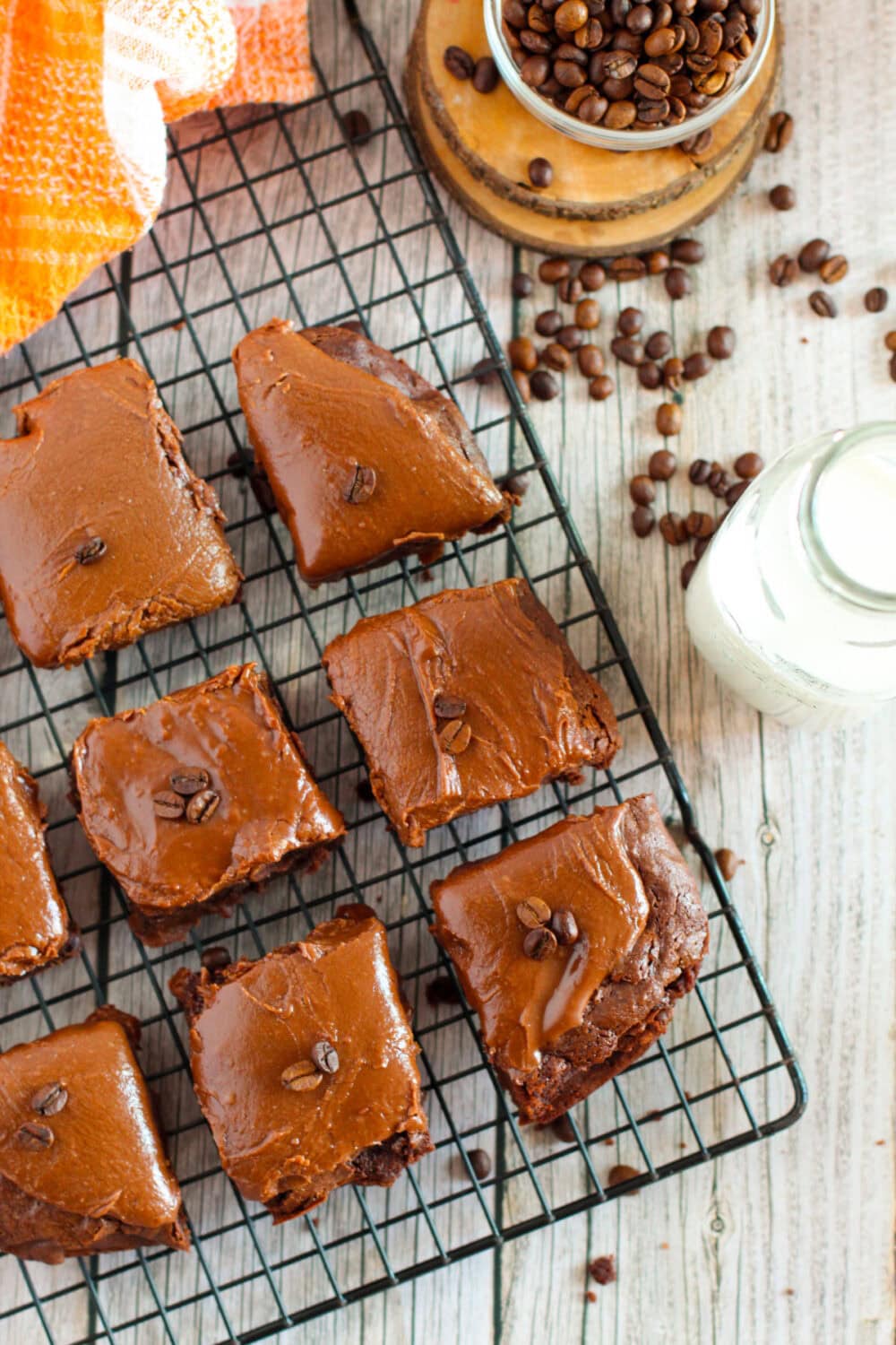 Chocolate mocha brownies on a cooling rack. 