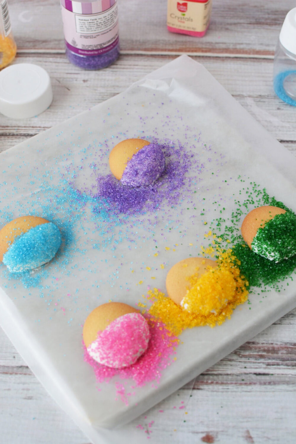 Nilla wafers with sanding sugar on them. 