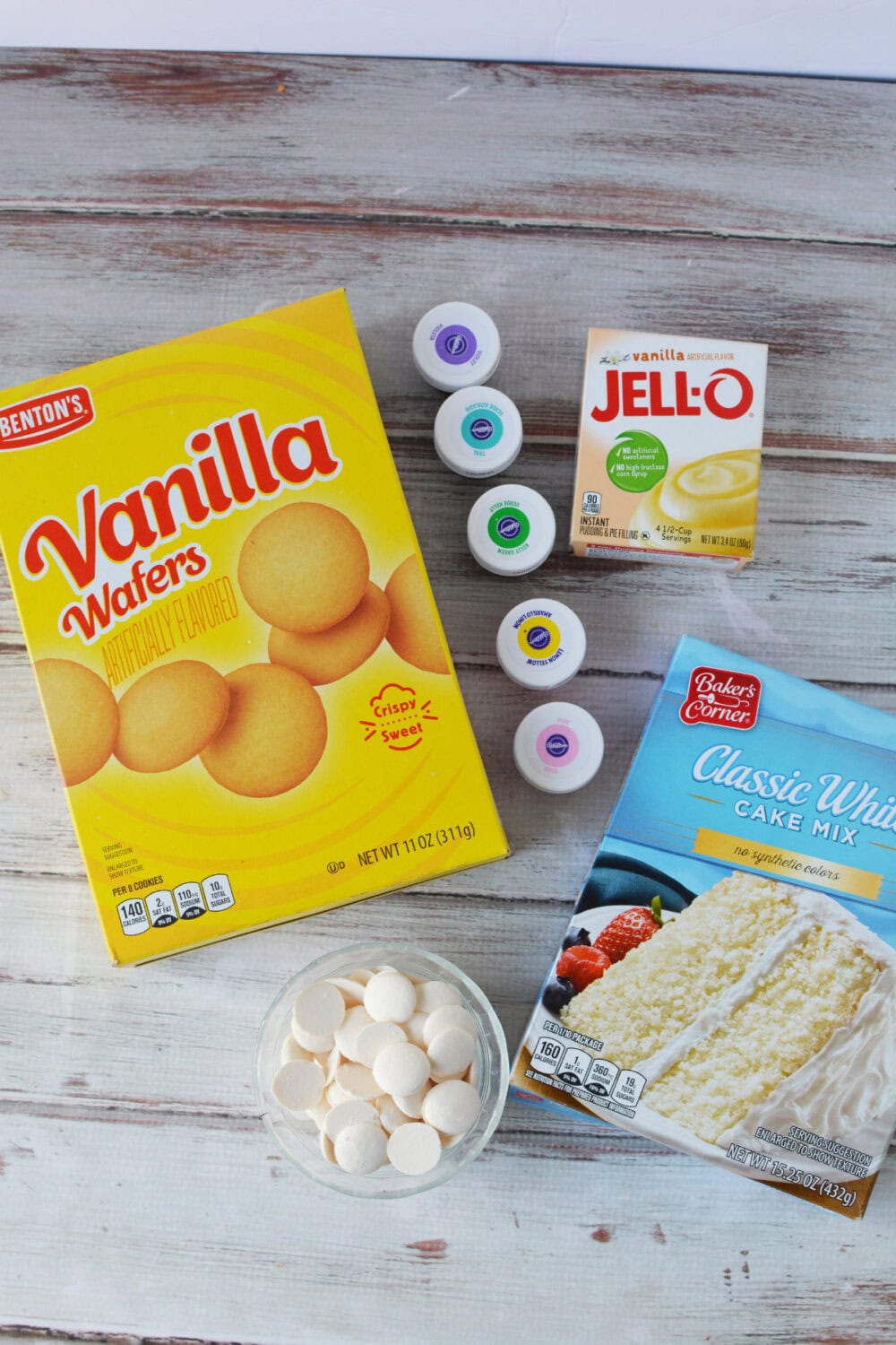 Vanilla wafers, food coloring, jello, candy melts, and cake mix. 