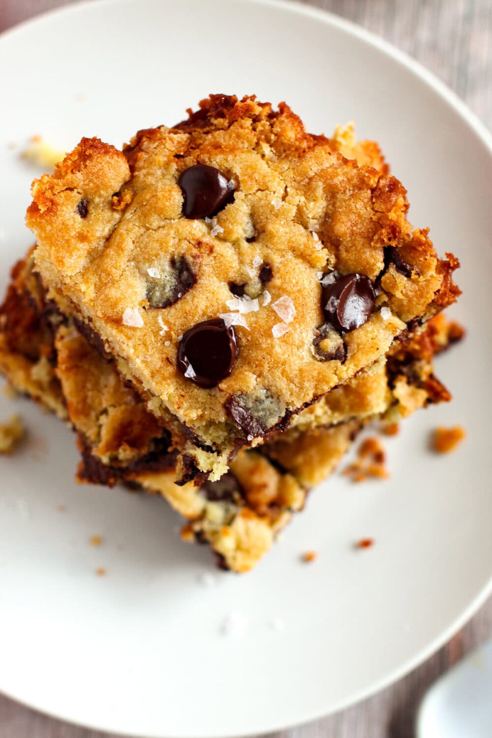 Overhead image of salted caramel cookie bars on a plate. 