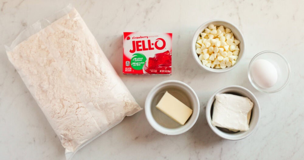 Cake mix, jello, butter, white chocolate chips, cream cheese, and egg. 