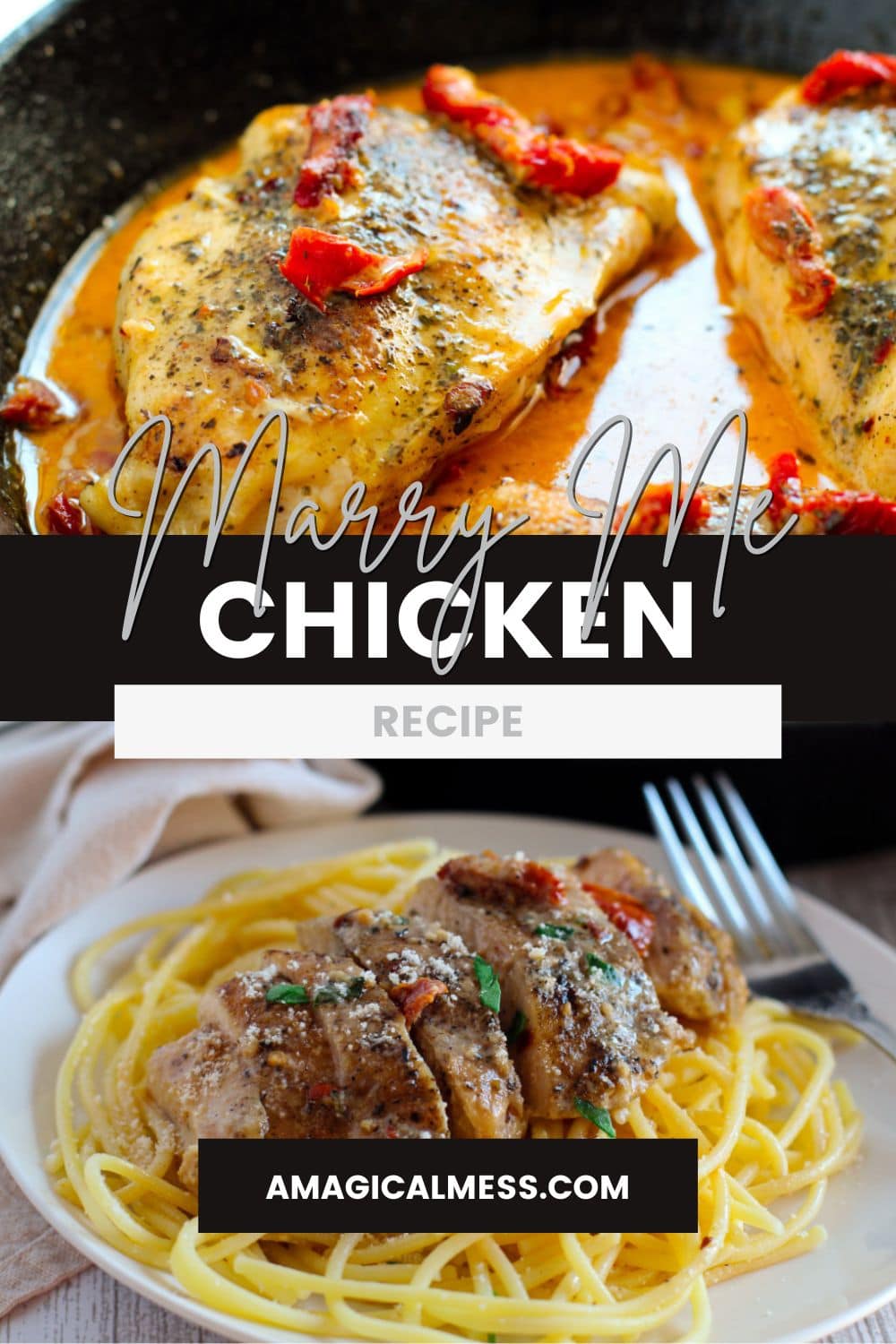 Marry me chicken in a skillet and on top of pasta on a plate.