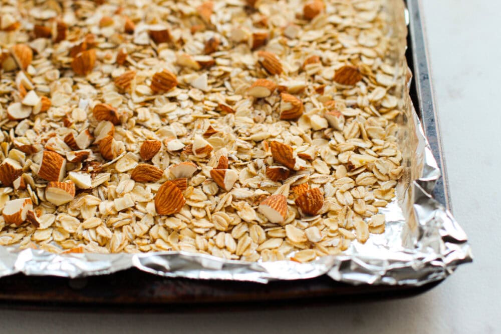 Granola mixture in a pan.