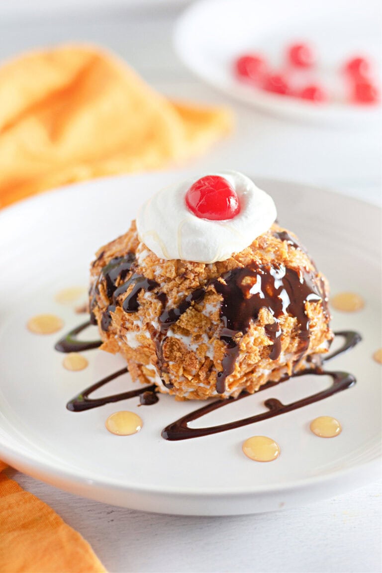 Homemade fried ice cream on a plate.