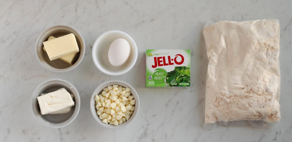 Butter, chips, egg, cake mix, box of gelatin.