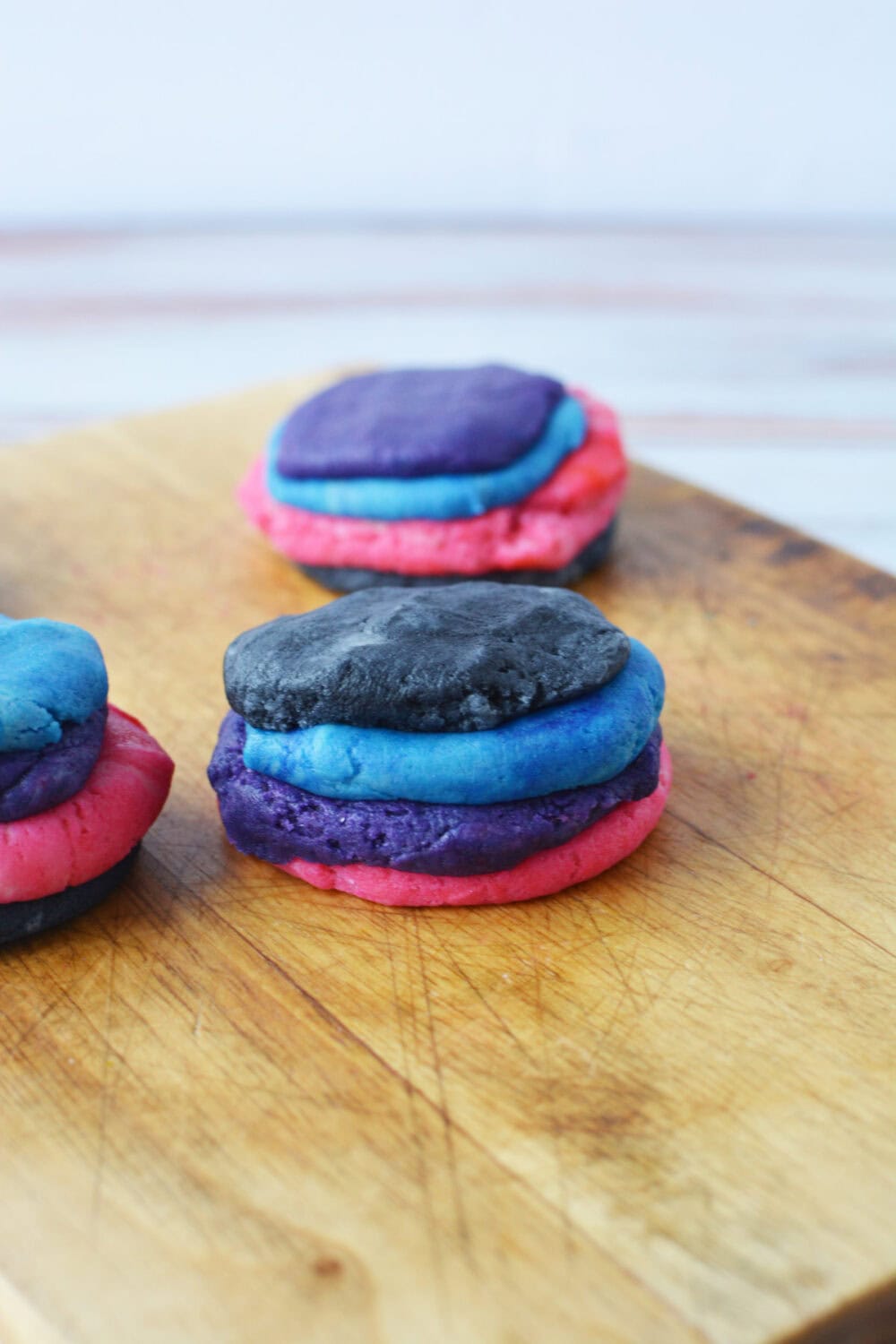 Colored dough stacked. 