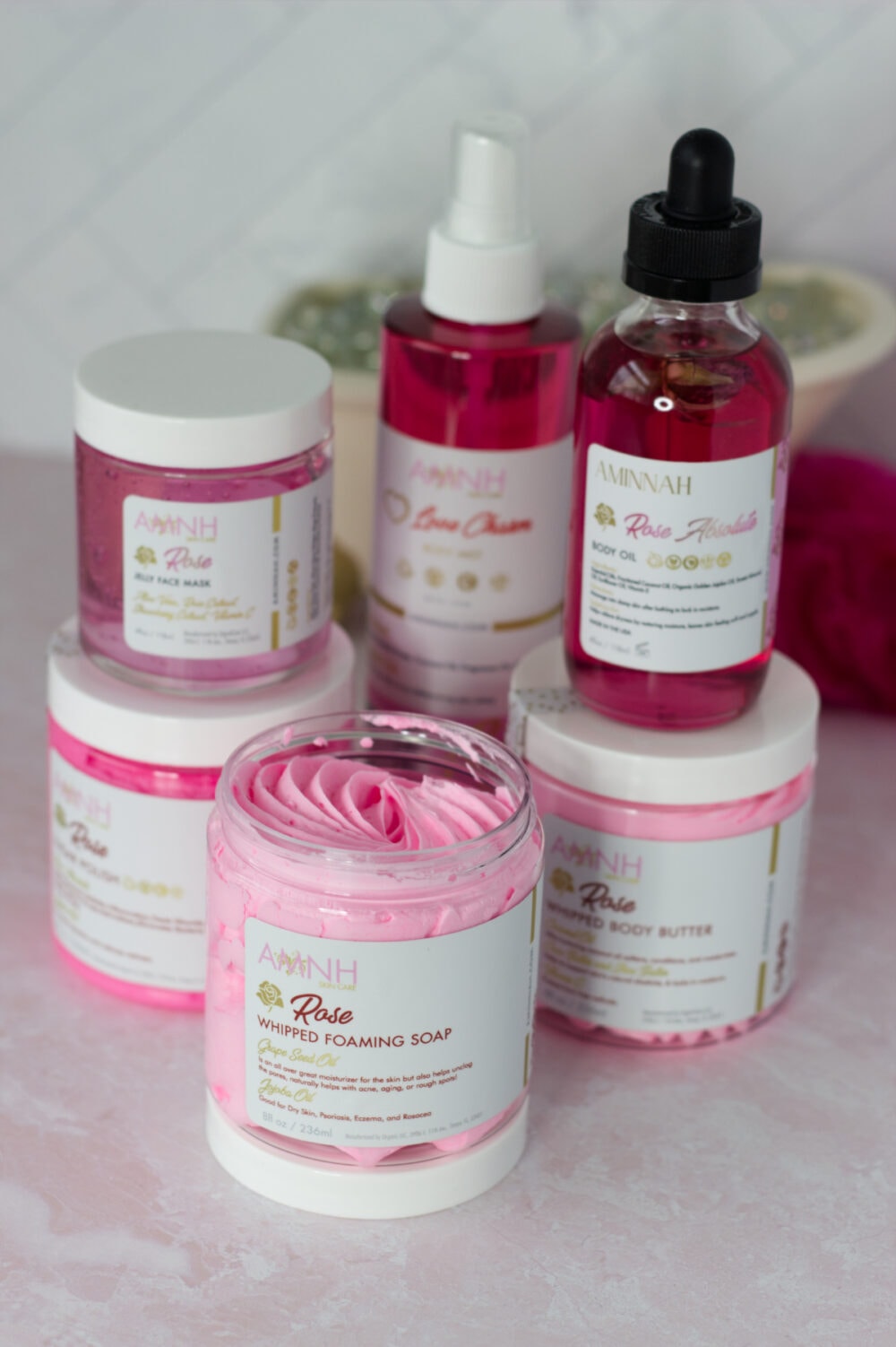 Aminnah rose bath and body products.
