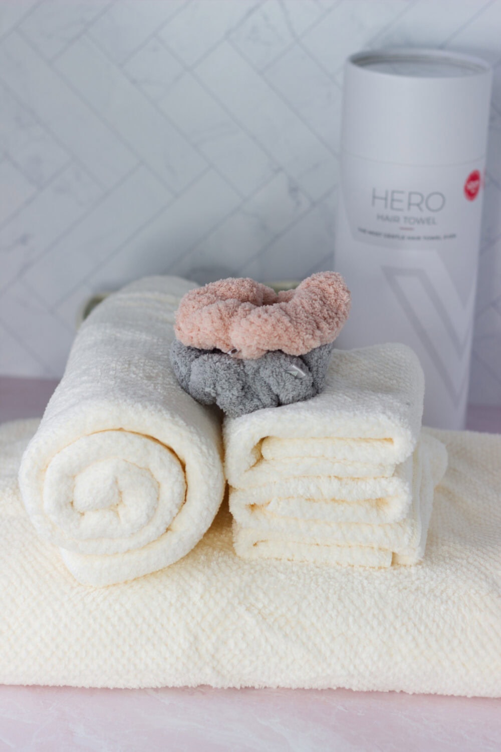 Towels, face rags, and scrunchies from Volo Beauty.