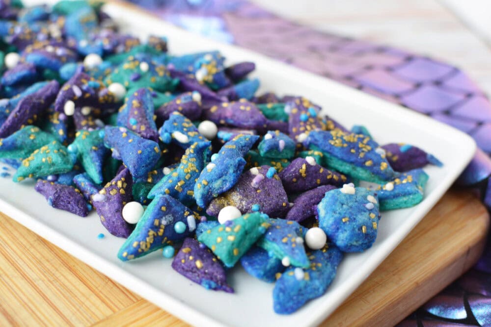 Mermaid shortbread bites on a tray.