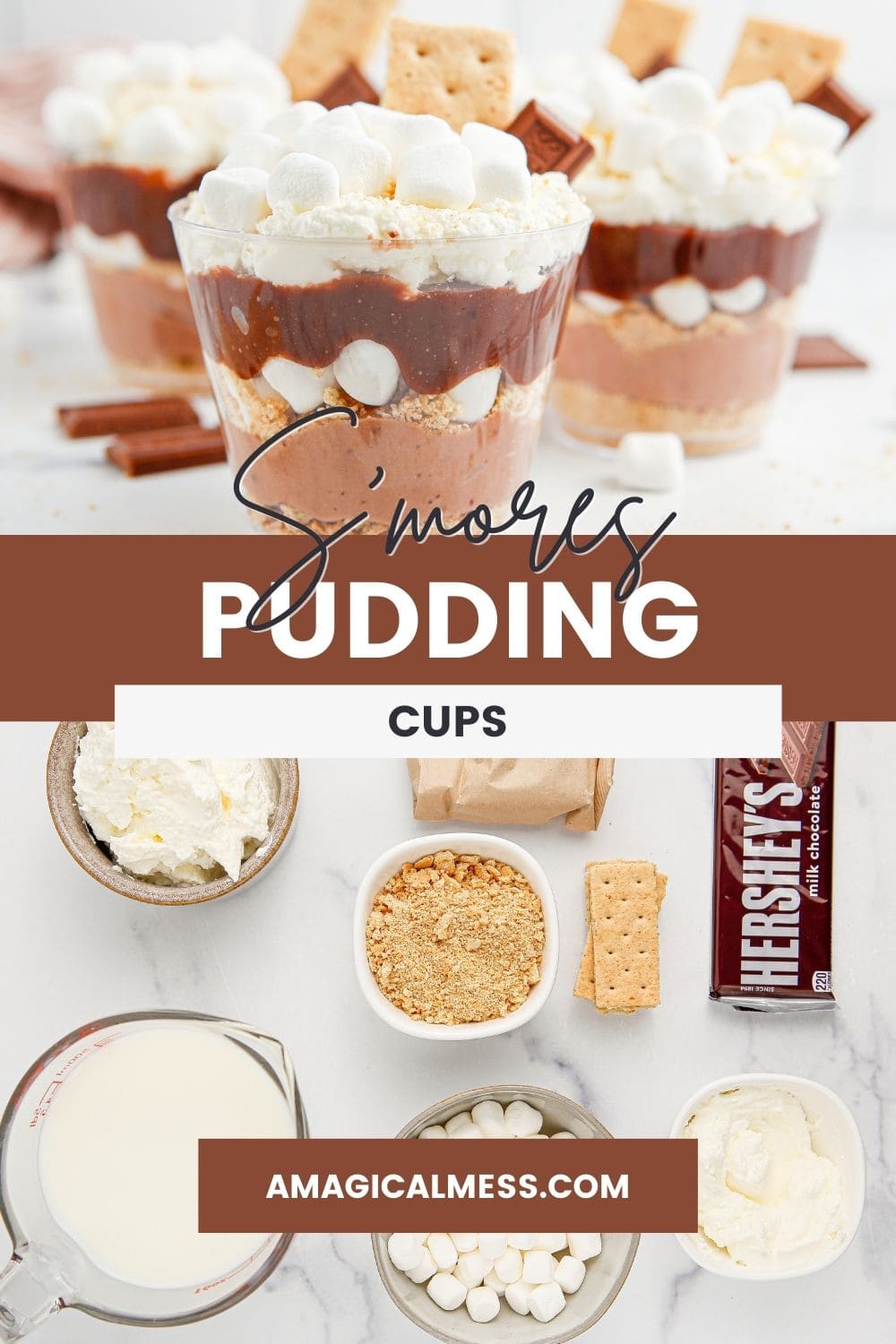 Ingredients and finished s'mores pudding cups.